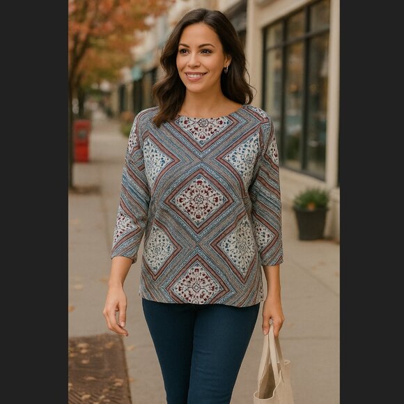 J. Jill Tops - J. Jill Diamond Print Blouse Size LARGE 3/4 Sleeve Boat Neck Abalone Button Back